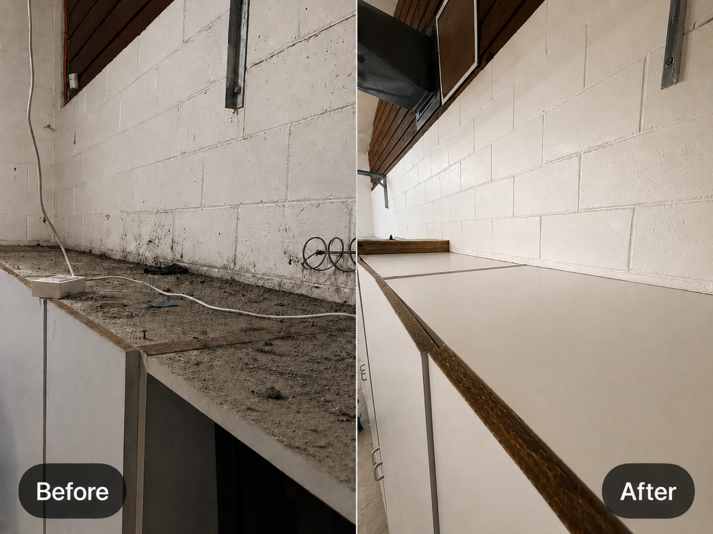 Before and after photos from the Pacific Breeze job-photo library, showing dust removed from a high ledge