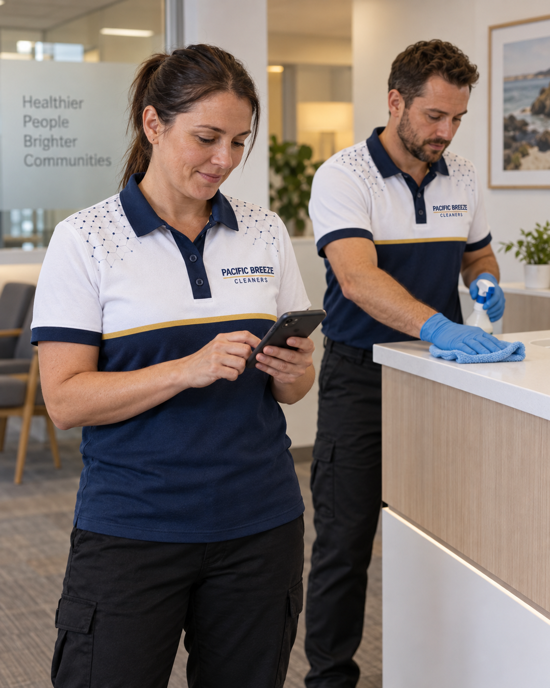 Cleaners in Pacific Breeze uniforms following guided tasks in a practice
