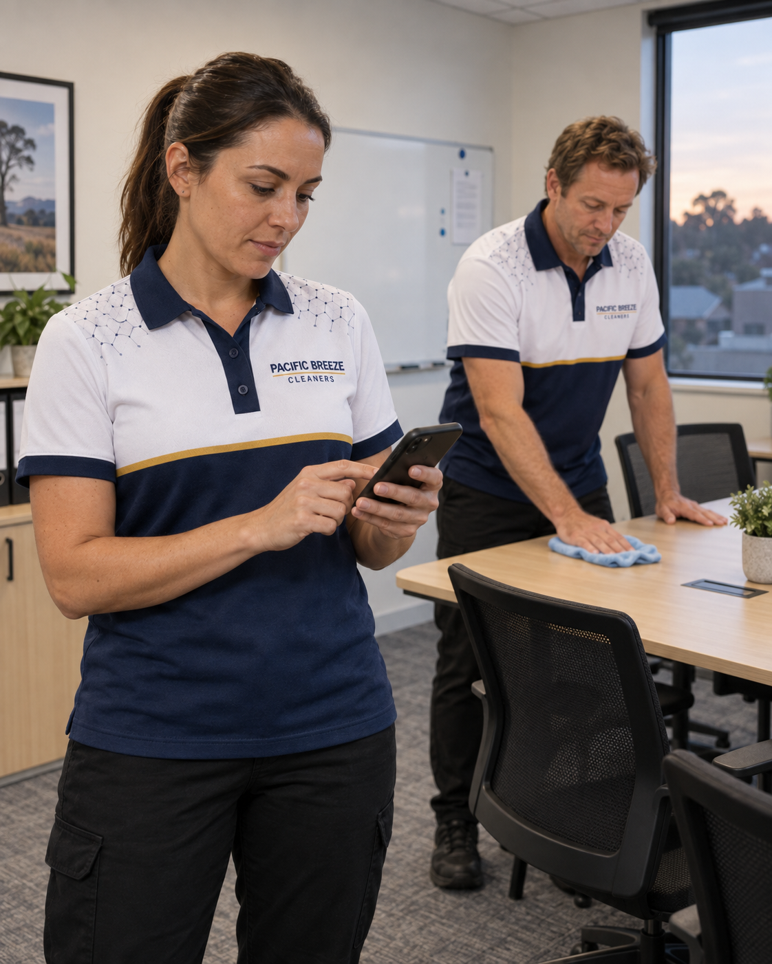 Illustrative scene of two cleaners in Pacific Breeze uniforms, one checking the digital assistant while the other cleans a meeting table